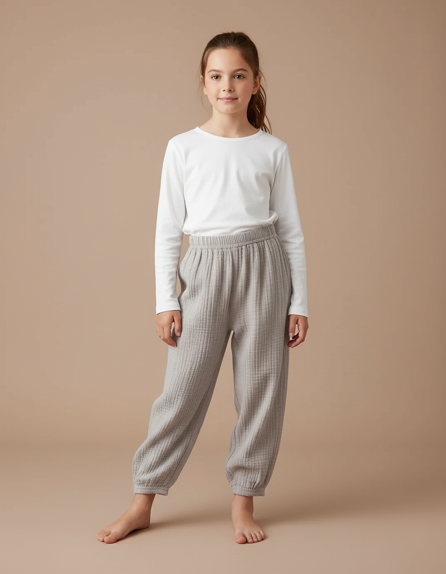 Pantalon Fluide Fille Gris Coupe Ample Gaze De Coton