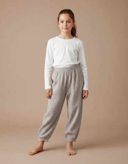 Pantalon Fluide Fille Gris Coupe Ample Gaze De Coton