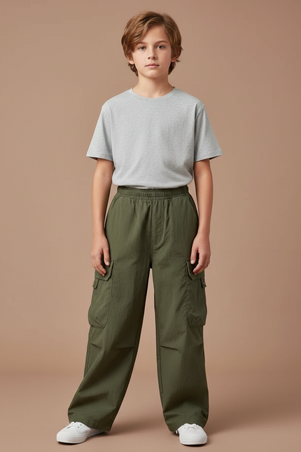 Pantalon Fluide Vert Militaire Ample Coton Garçon - Kaki
