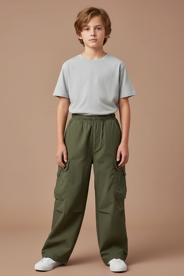 Pantalon Fluide Vert Militaire Ample Coton Garçon - Kaki