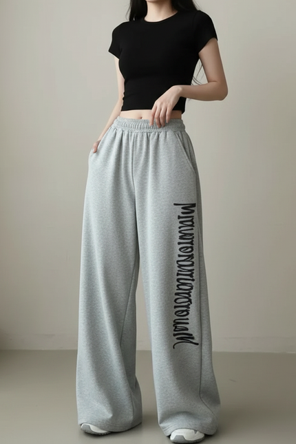 Pantalon Fluide Gris Ample Cordon Imprimé Décontracté - Molleton