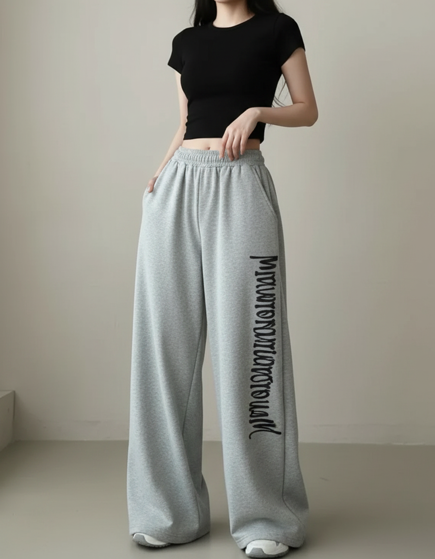 Pantalon Fluide Gris Ample Cordon Imprimé Décontracté - Molleton