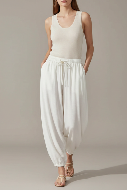 Pantalon Fluide Blanc Ample Coton Décontracté Confortable - Lin
