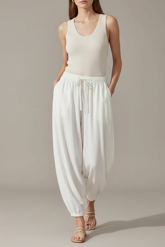 Pantalon Fluide Blanc Ample Coton Décontracté Confortable - Lin