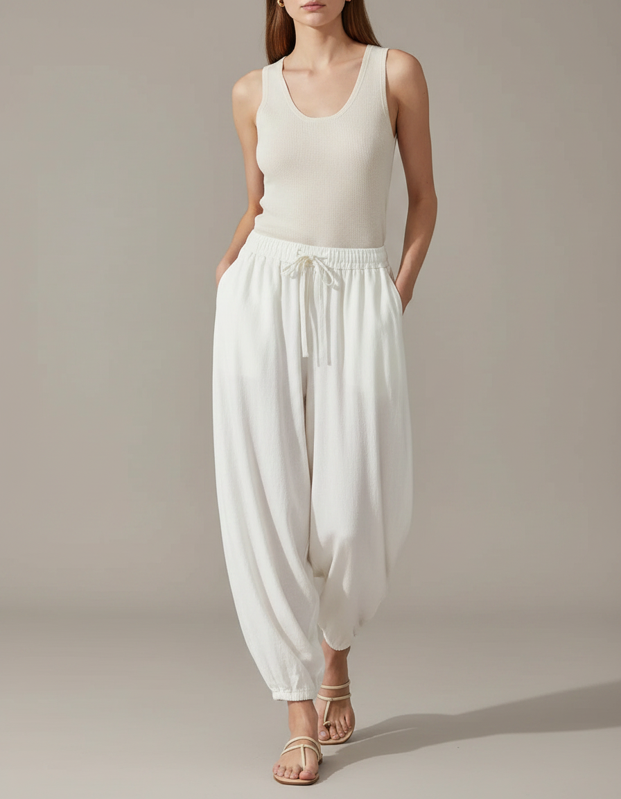 Pantalon Fluide Blanc Ample Coton Décontracté Confortable - Lin