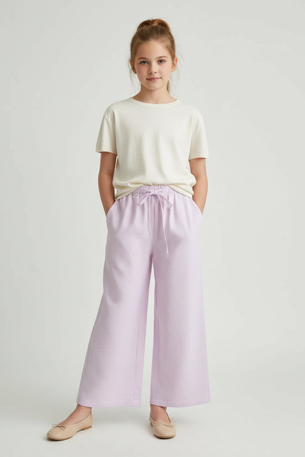 Pantalon Fluide Lilas Rayé Ample Coton Enfant - Violet
