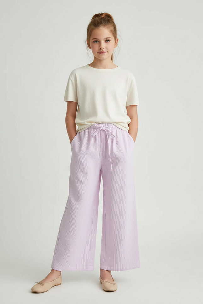 Pantalon Fluide Lilas Rayé Ample Coton Enfant - Violet