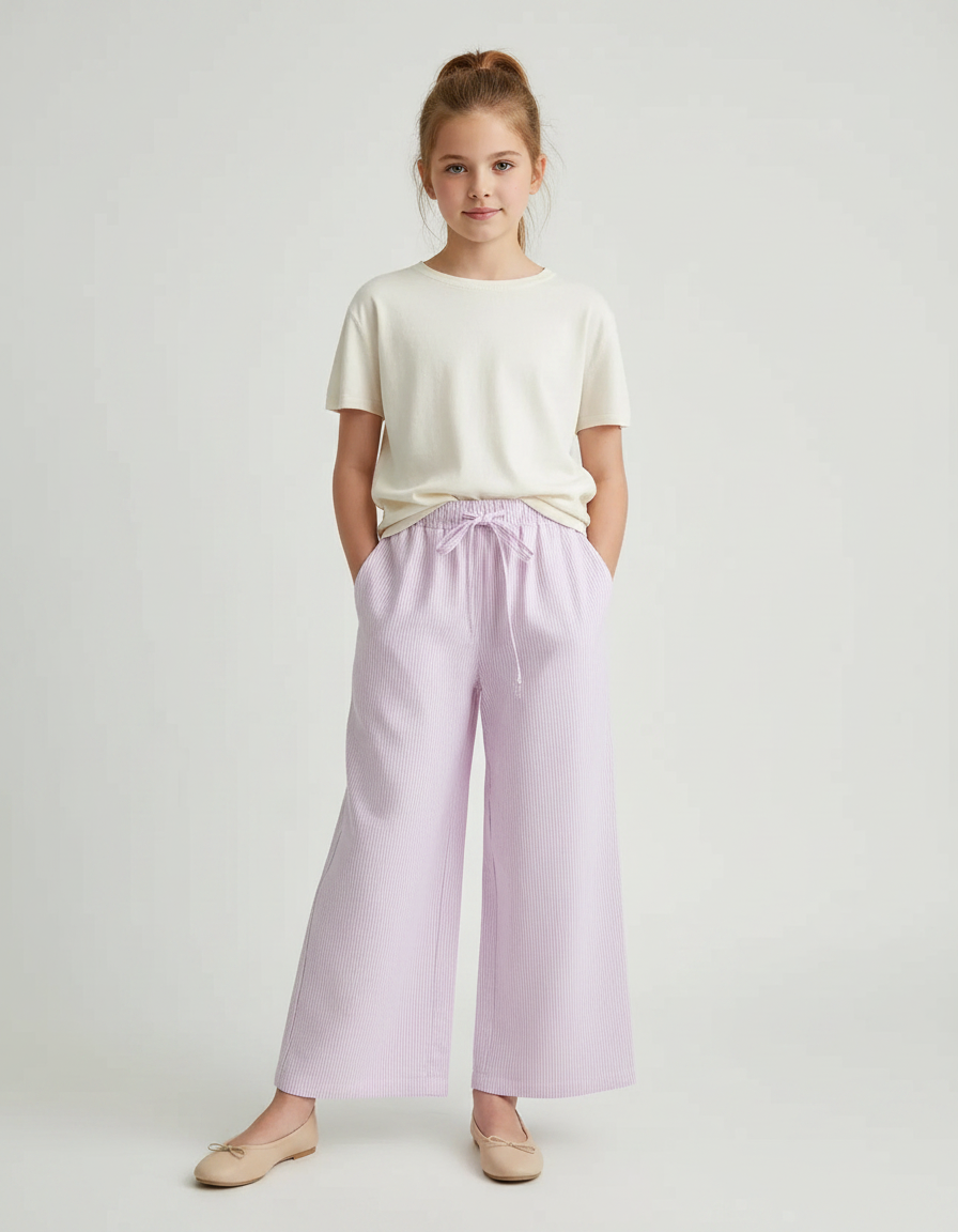 Pantalon Fluide Lilas Rayé Ample Coton Enfant - Violet