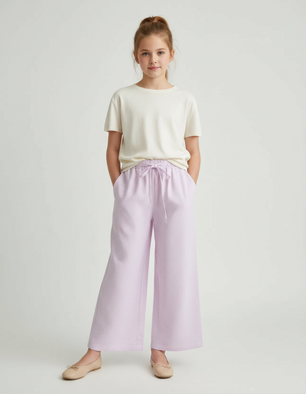 Pantalon Fluide Lilas Rayé Ample Coton Enfant - Violet