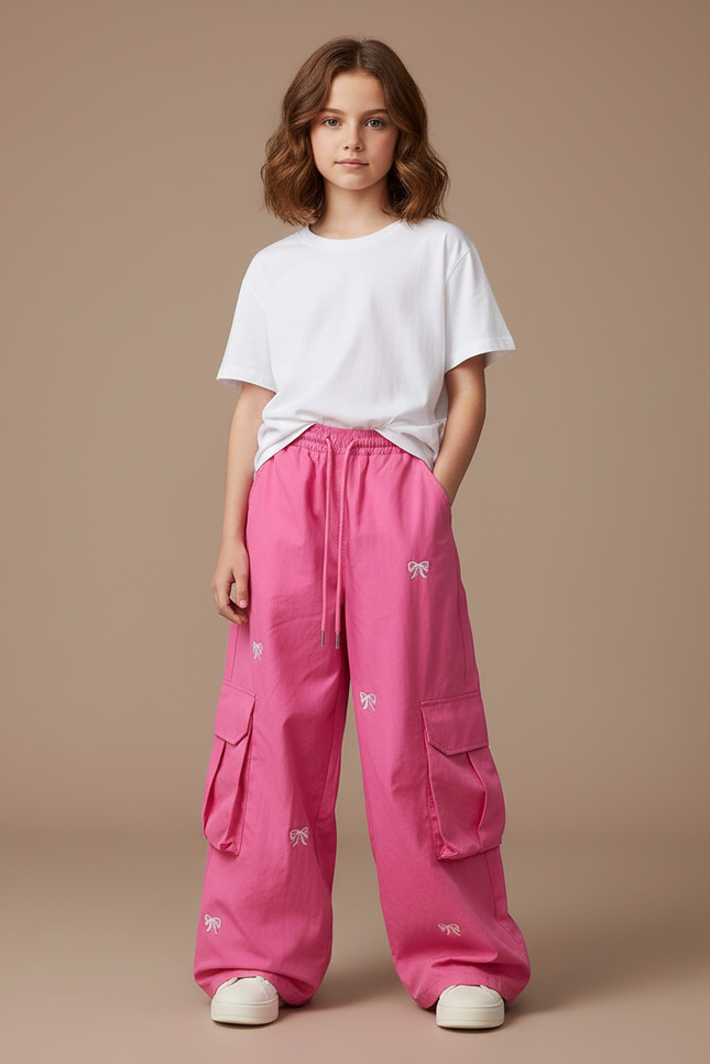 Pantalon Fluide Rose Cargo Ample Imprimé Nœuds Fille - Coton