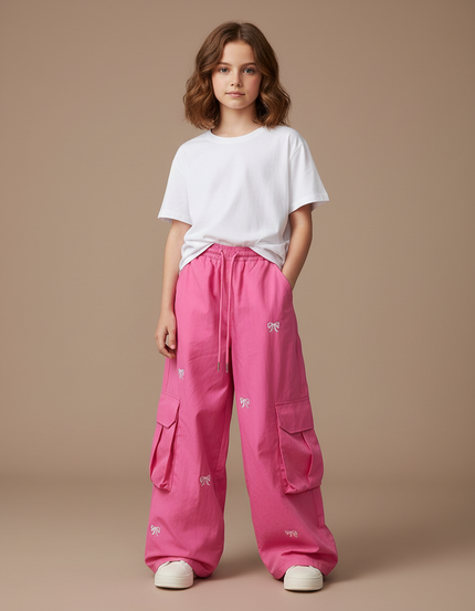 Pantalon Fluide Rose Cargo Ample Imprimé Nœuds Fille - Coton