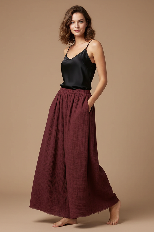 Pantalon Fluide Ample Marron Plissé Décontracté Coton - Bordeaux