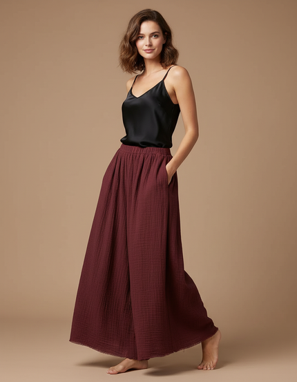 Pantalon Fluide Ample Marron Plissé Décontracté Coton - Bordeaux