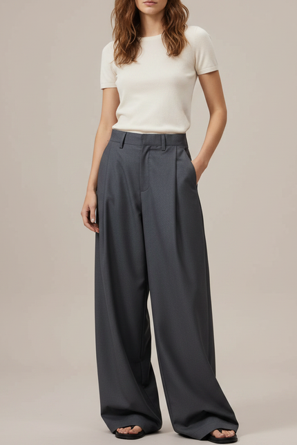 Pantalon Large Fluide Polyester - Gris