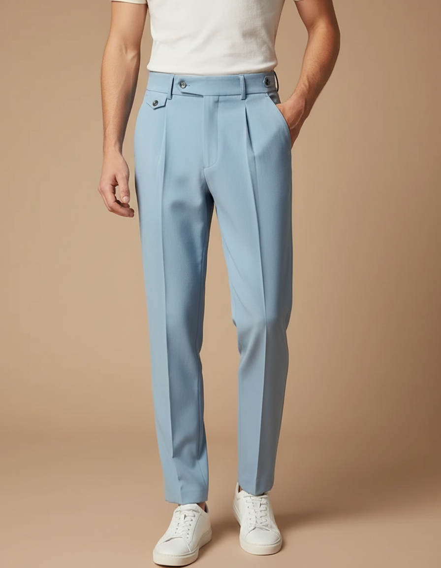 Pantalon Fluide Bleu Ciel Plissé Droit Homme - Gabardine