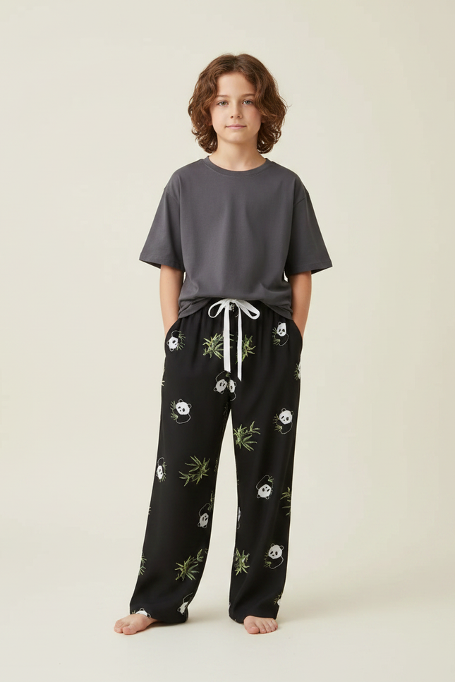 Pantalon Fluide Noir Pandas Bambou Ample Confortable Enfant - Viscose