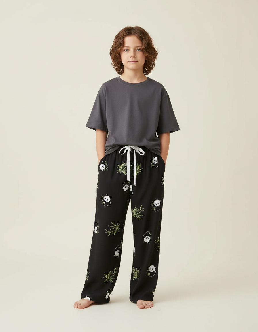 Pantalon Fluide Noir Pandas Bambou Ample Confortable Enfant - Viscose