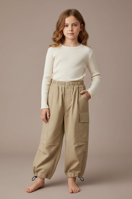 Pantalon Fluide Beige Cargo Ample Coton Enfant