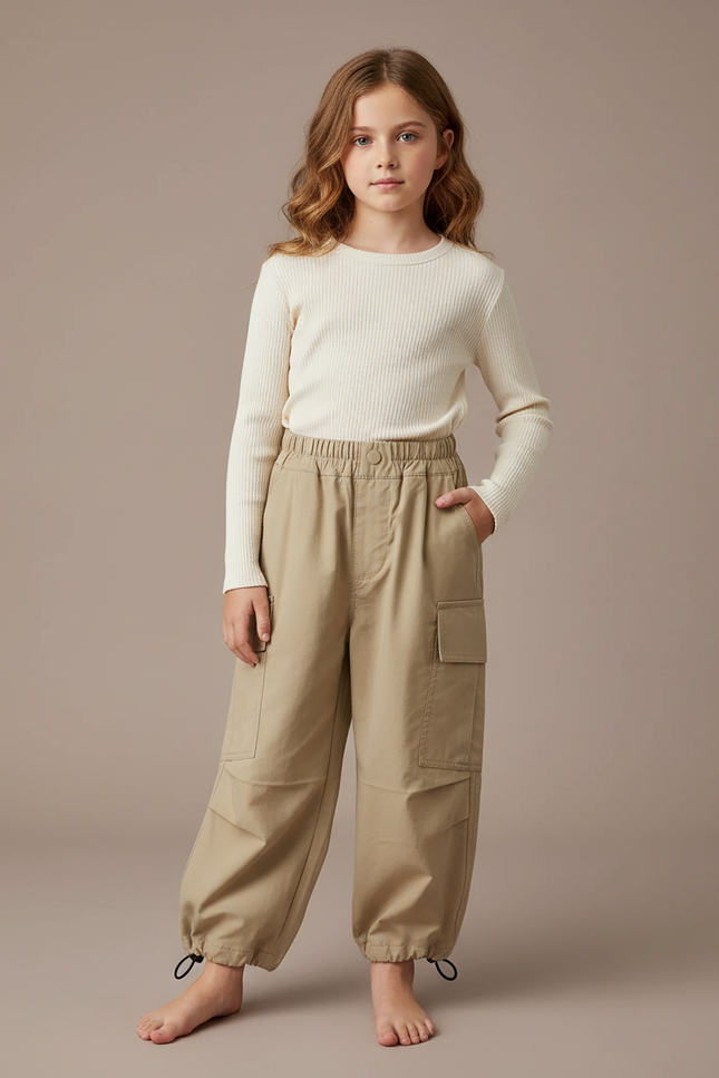 Pantalon Fluide Beige Cargo Ample Coton Enfant