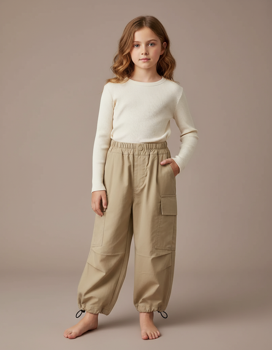 Pantalon Fluide Beige Cargo Ample Coton Enfant