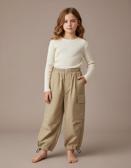 Pantalon Fluide Beige Cargo Ample Coton Enfant