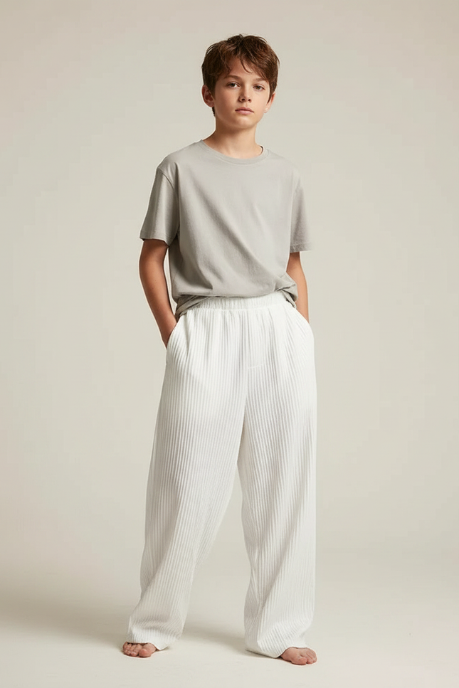 Pantalon Fluide Blanc Plissé Ample Décontracté Enfant - Polyester