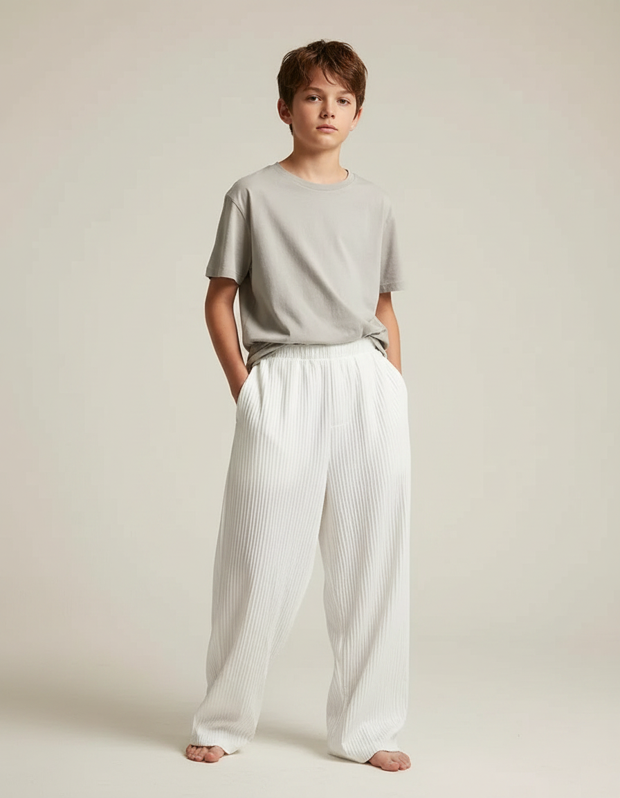 Pantalon Fluide Blanc Plissé Ample Décontracté Enfant - Polyester