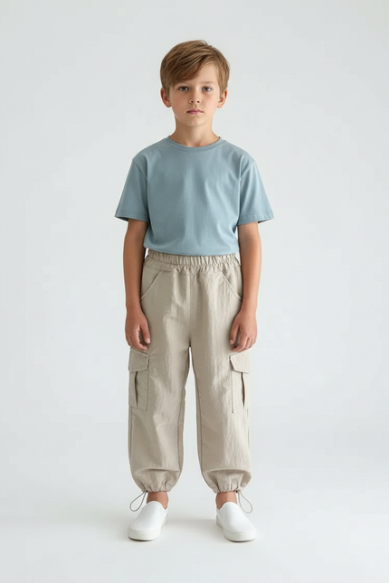 Pantalon Fluide Beige Cargo Coton Ample Garçon