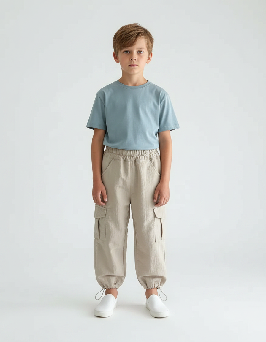 Pantalon Fluide Beige Cargo Coton Ample Garçon