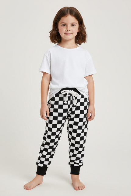Pantalon Fluide Carreaux Noir Blanc Cordon Cheville - Imprimé Molleton