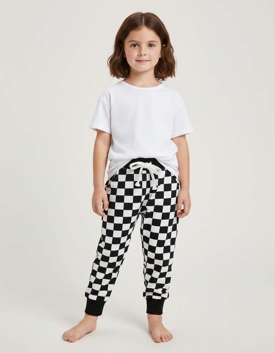 Pantalon Fluide Carreaux Noir Blanc Cordon Cheville - Imprimé Molleton