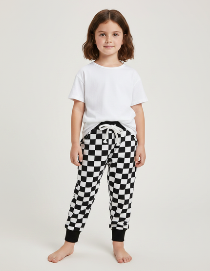 Pantalon Fluide Carreaux Noir Blanc Cordon Cheville - Imprimé Molleton
