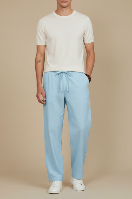 Pantalon Fluide Bleu Ciel Coton Lin Ample Cordon Homme