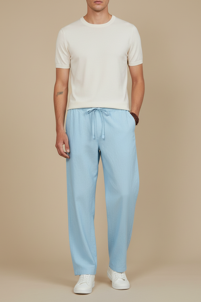 Pantalon Fluide Bleu Ciel Coton Lin Ample Cordon Homme