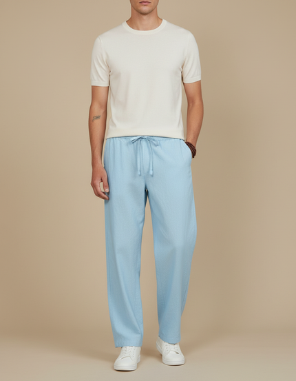 Pantalon Fluide Bleu Ciel Coton Lin Ample Cordon Homme