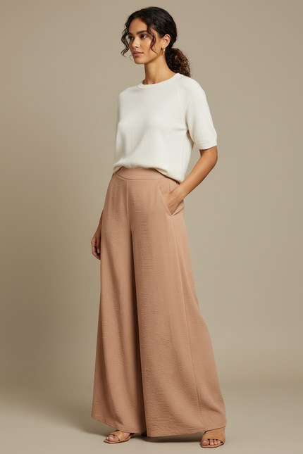 Pantalon Fluide Écru Ample Texturé Taille Haute Élégant - Beige Polyester