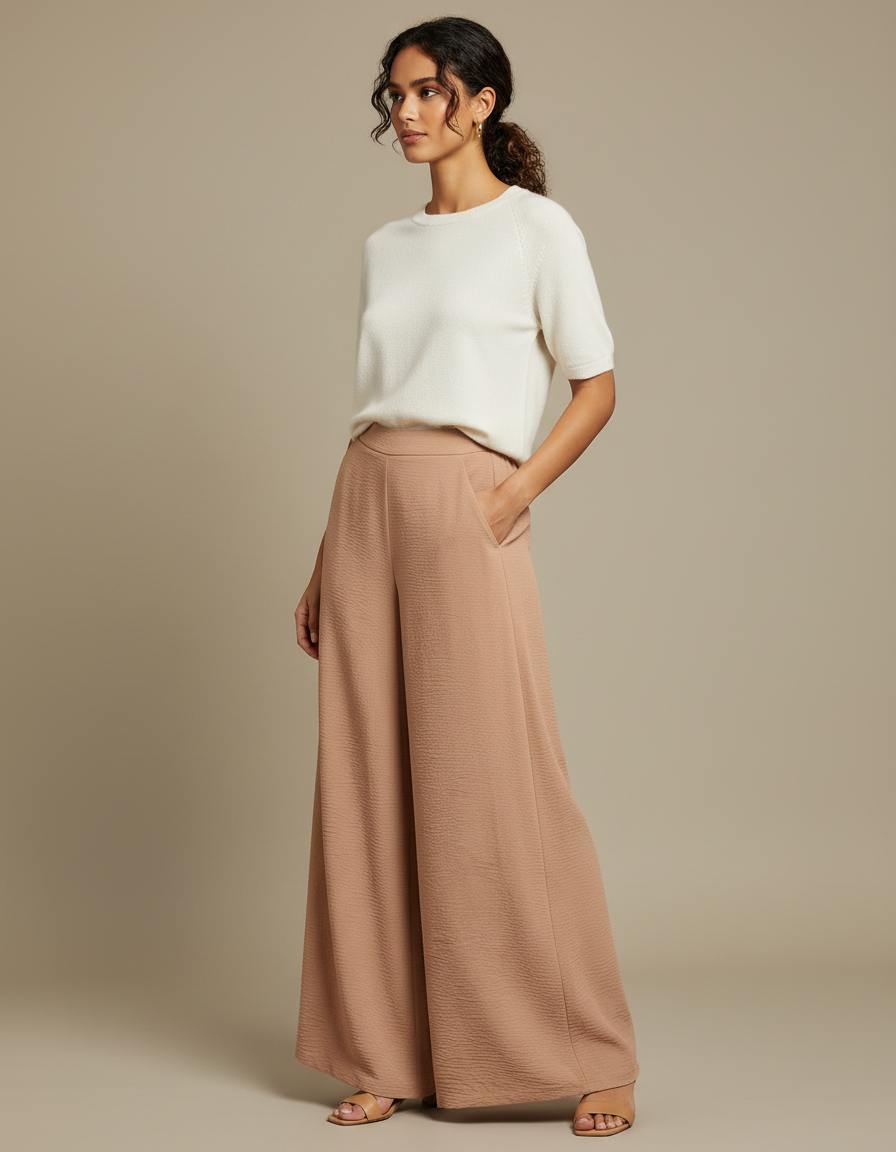 Pantalon Fluide Écru Ample Texturé Taille Haute Élégant - Beige Polyester