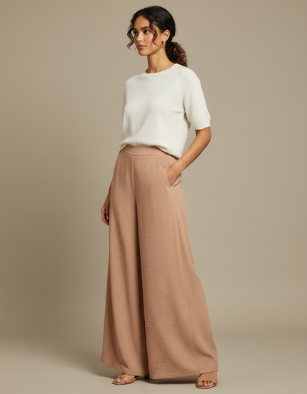 Pantalon Fluide Écru Ample Texturé Taille Haute Élégant - Beige Polyester