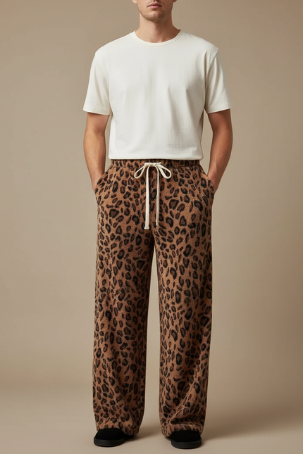 Pantalon Fluide Léopard Marron Ample Doux Cordon - Molleton
