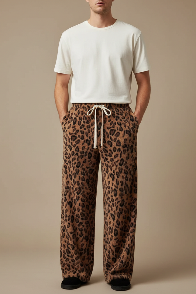 Pantalon Fluide Léopard Marron Ample Doux Cordon - Molleton