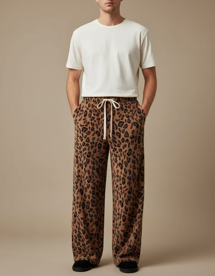 Pantalon Fluide Léopard Marron Ample Doux Cordon - Molleton