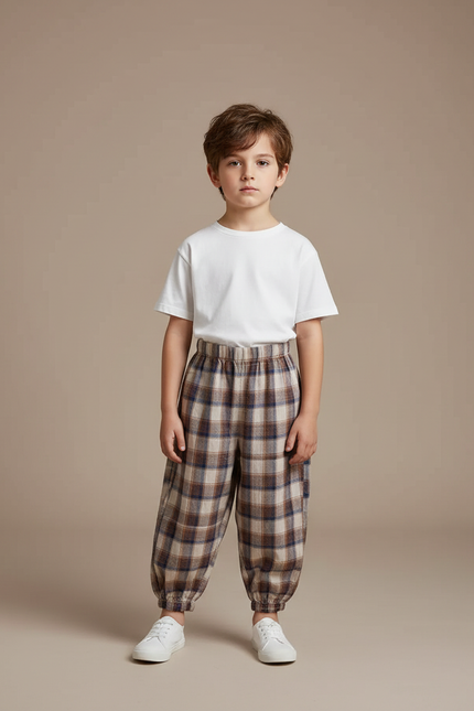 Pantalon Fluide Carreaux Marron Ample Coton Enfant - Multicolore