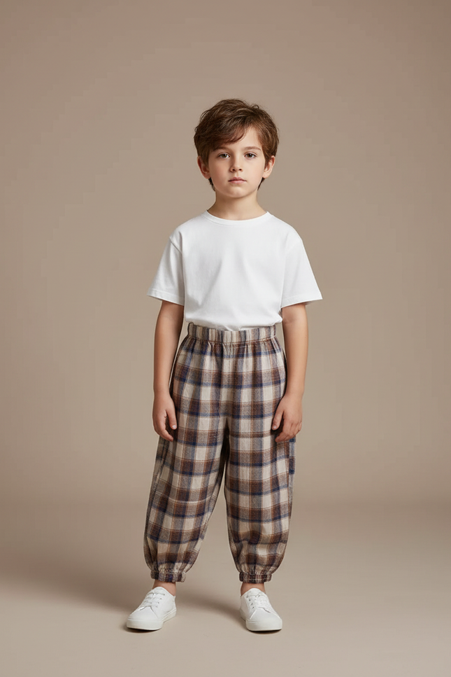 Pantalon Fluide Carreaux Marron Ample Coton Enfant - Multicolore