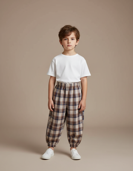 Pantalon Fluide Carreaux Marron Ample Coton Enfant - Multicolore