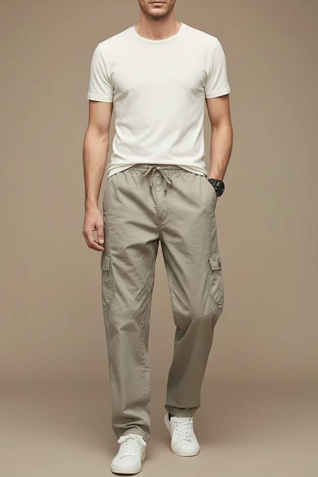 Pantalon Fluide Coton Cargo Ample Droit Homme - Kaki