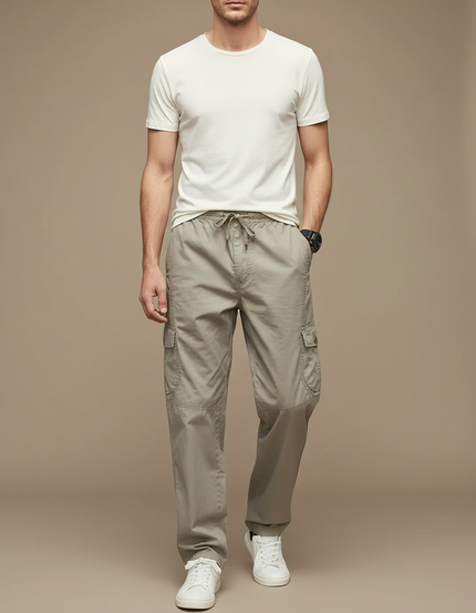 Pantalon Fluide Coton Cargo Ample Droit Homme - Kaki