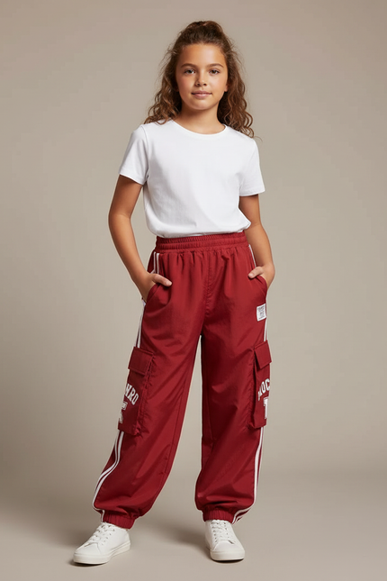 Pantalon Fluide Cargo Rouge Ample Rayures Blanches - Polyester