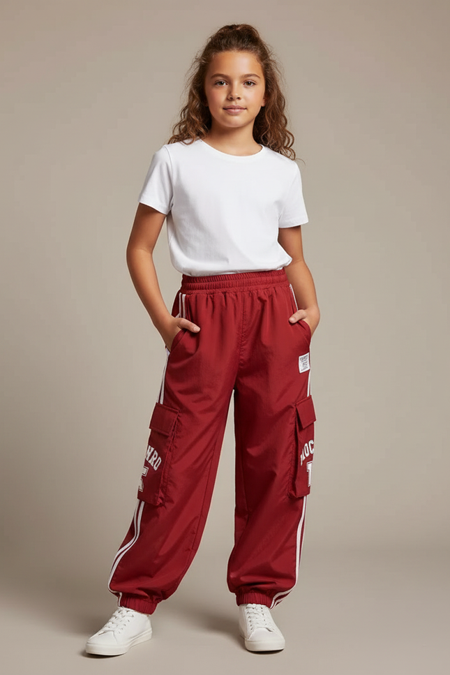 Pantalon Fluide Cargo Rouge Ample Rayures Blanches - Polyester