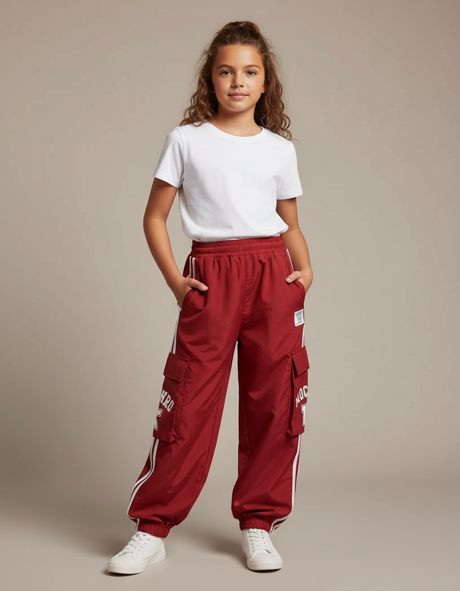 Pantalon Fluide Cargo Rouge Ample Rayures Blanches - Polyester