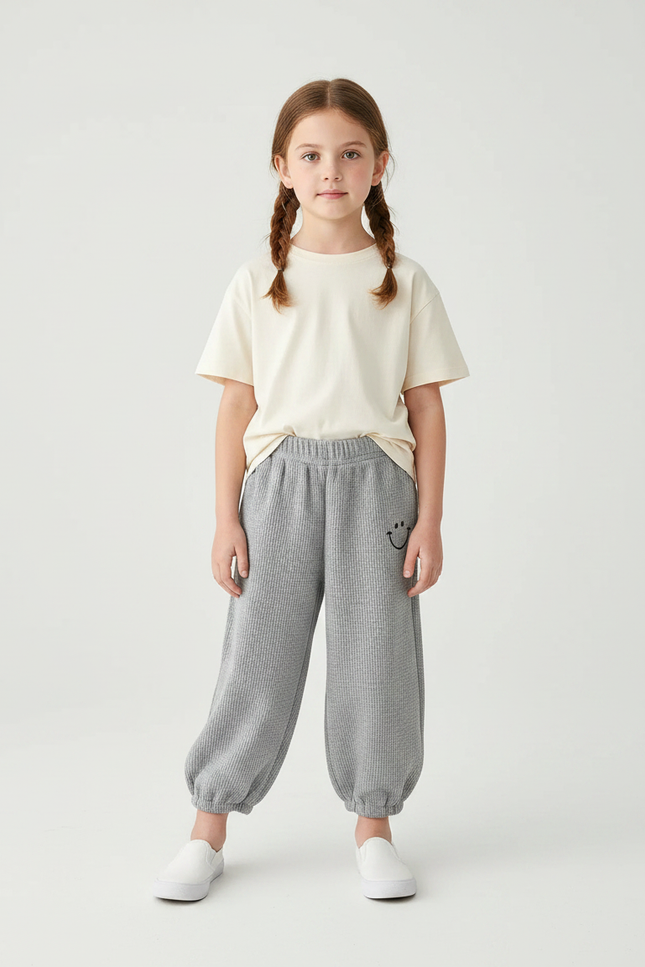 Pantalon Fluide Gris Côtelé Ample Décontracté Smiley Enfant - Maille